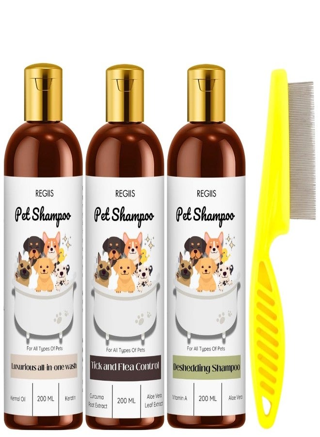 REGIIS Pet Shampoo Set, 3 Pack Dog Shampoo with Flea Control, Deshedding, All-in-One Wash, 200ml Each, Includes Pet Comb(4 Pack) - Image 1